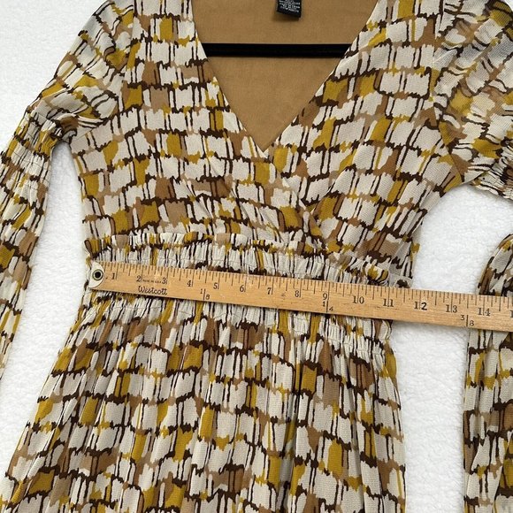 BCBGMaxazria Women's Boho Bell Sleeve Sheer Lined Mini Dress Size XS Gold Brown - Picture 7 of 11